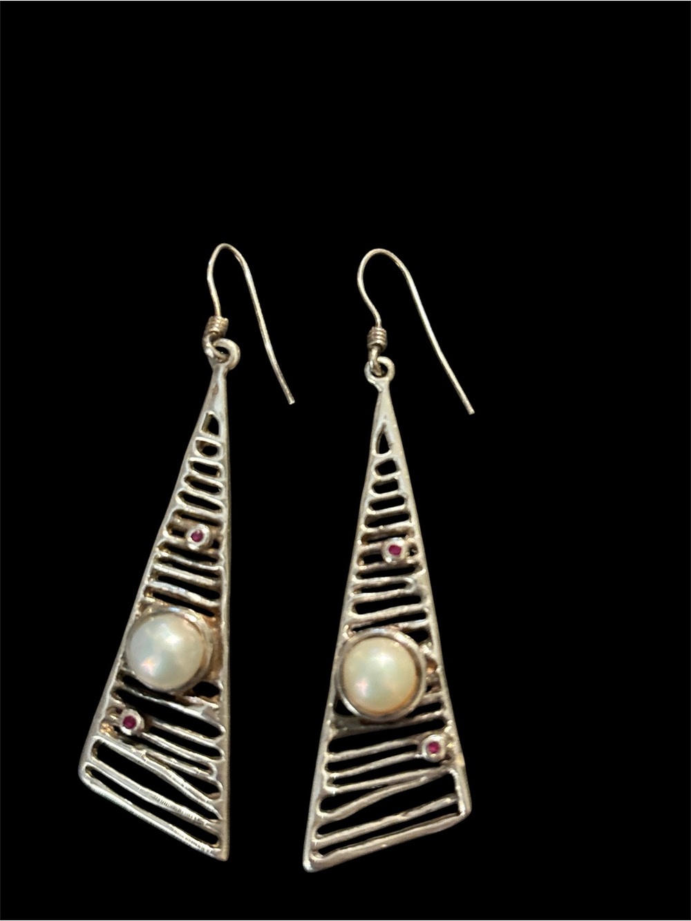 Unique Vintage Sterling silver geometric modernist pearl earrings